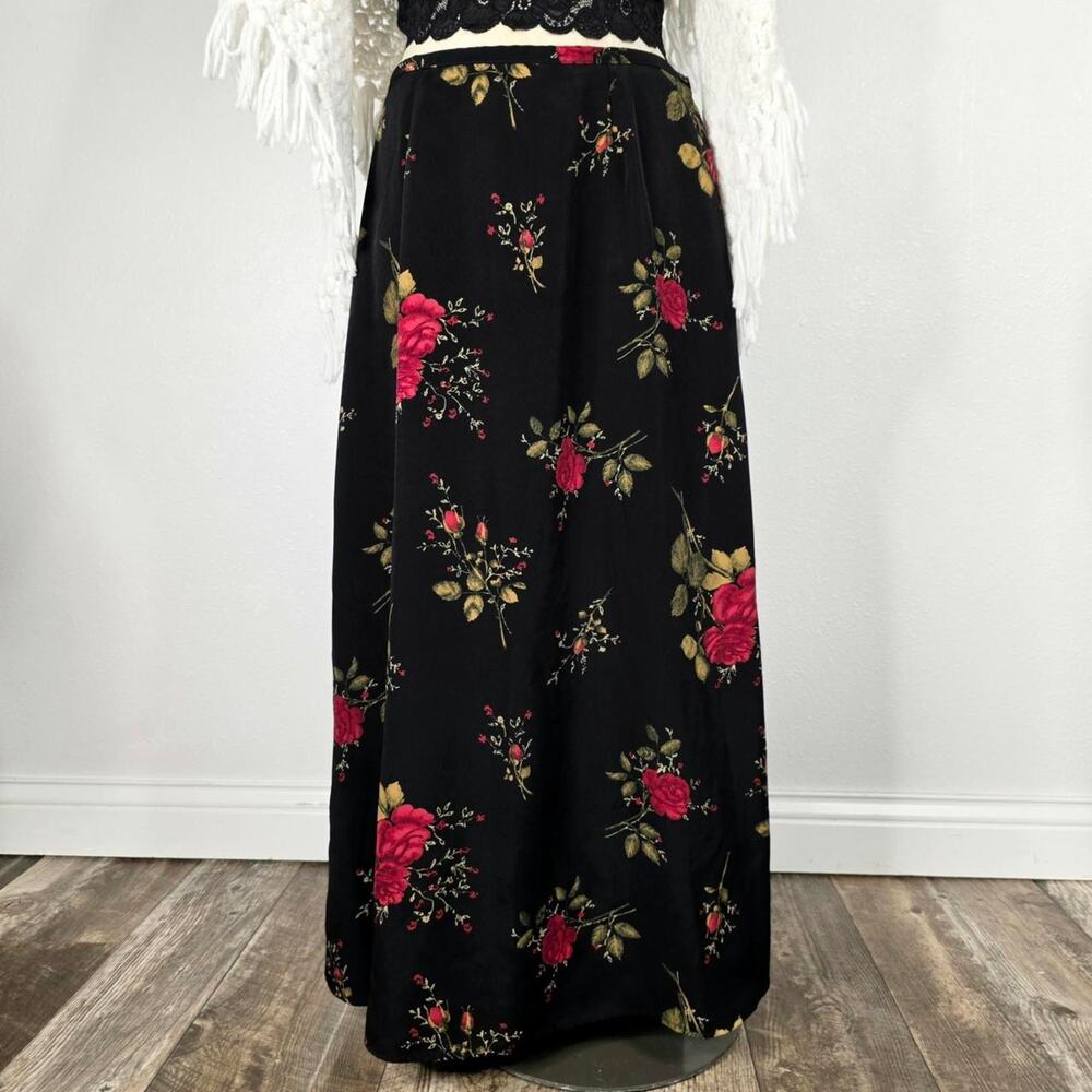 VINT Black Floral Maxi Skirt 90s Rose Print Whimsigoth Size Large Romantic Goth